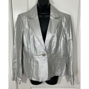 Colebrook Metallic Silver Leather Jacket Womens Large Statement Futuristic Club